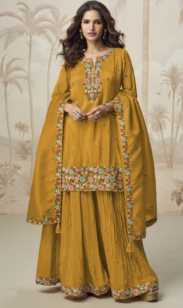 Divine Mustard Color Shimmer Fabric Designer Suit