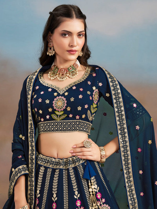 Amazing Navy Blue Color Georgette Fabric Party Wear Lehenga