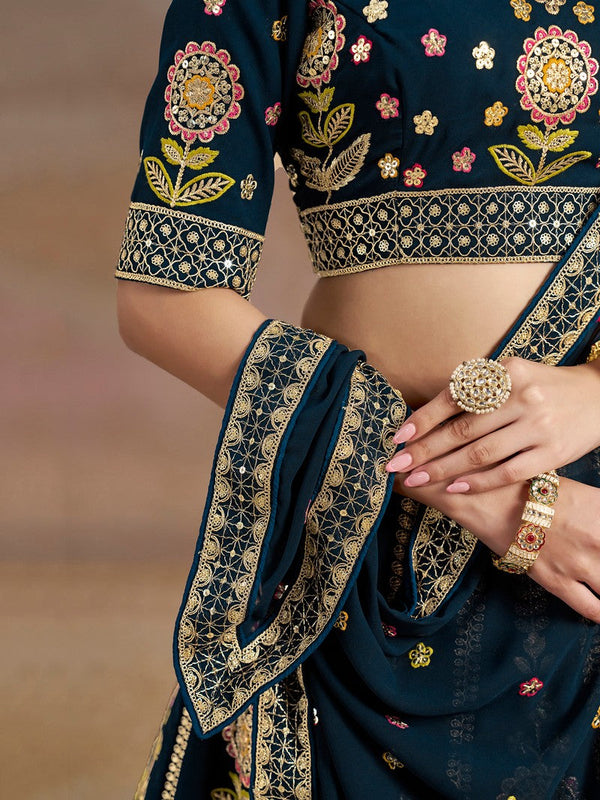 Amazing Navy Blue Color Georgette Fabric Party Wear Lehenga