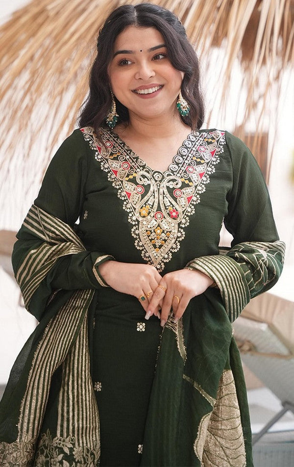 Tasteful Green Color Silk Fabric Designer Suit