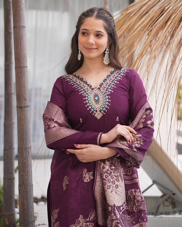 Tasteful Voilet Color Silk Fabric Designer Suit