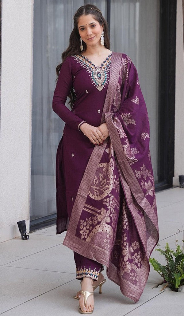 Tasteful Voilet Color Silk Fabric Designer Suit