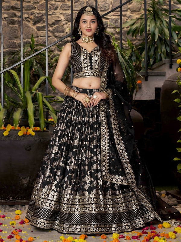 Lovely Black Color Silk Fabric Party Wear Lehenga