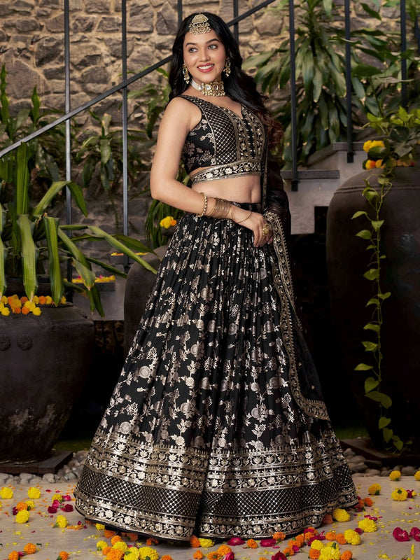 Lovely Black Color Silk Fabric Party Wear Lehenga
