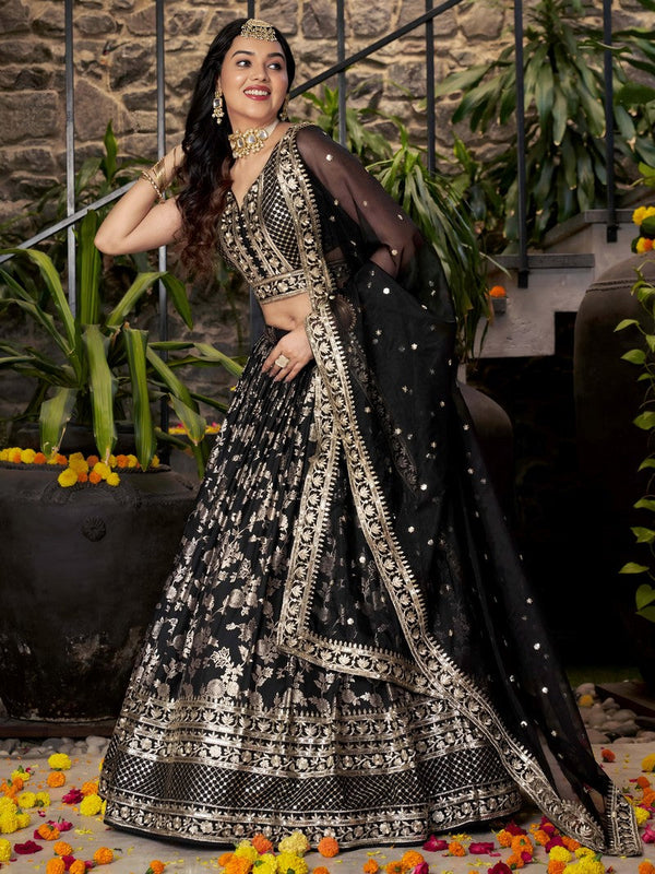 Lovely Black Color Silk Fabric Party Wear Lehenga