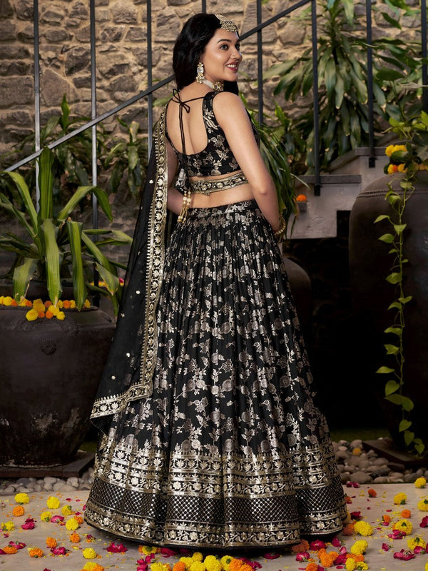 Lovely Black Color Silk Fabric Party Wear Lehenga