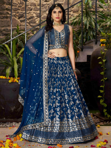 Lovely Teal Color Silk Fabric Party Wear Lehenga