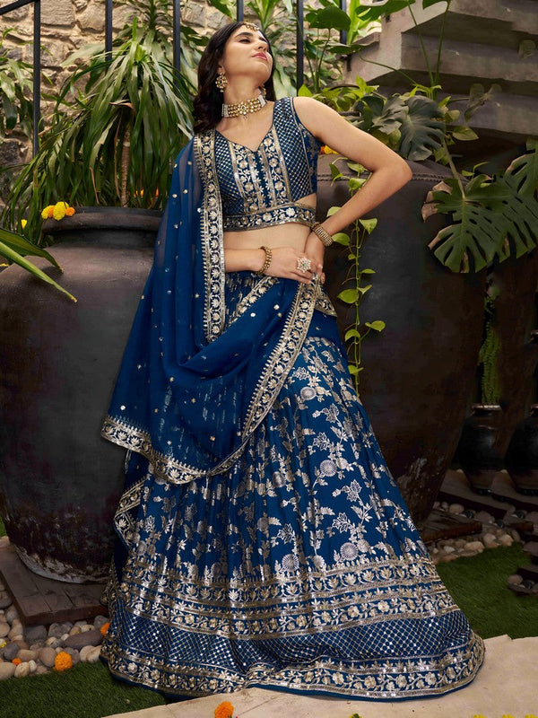Lovely Teal Color Silk Fabric Party Wear Lehenga