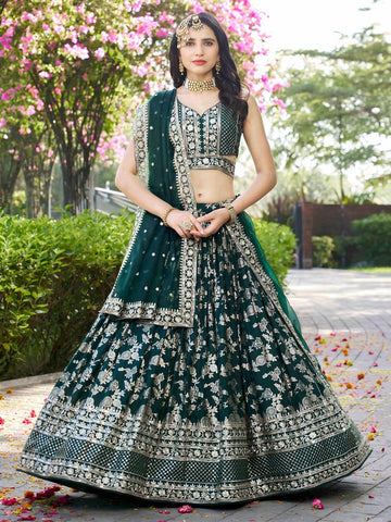 Lovely Green Color Silk Fabric Party Wear Lehenga