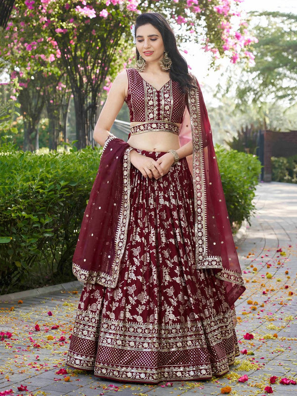Lovely Maroon Color Silk Fabric Party Wear Lehenga