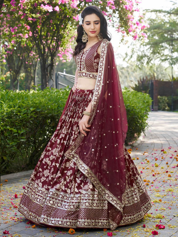 Lovely Maroon Color Silk Fabric Party Wear Lehenga