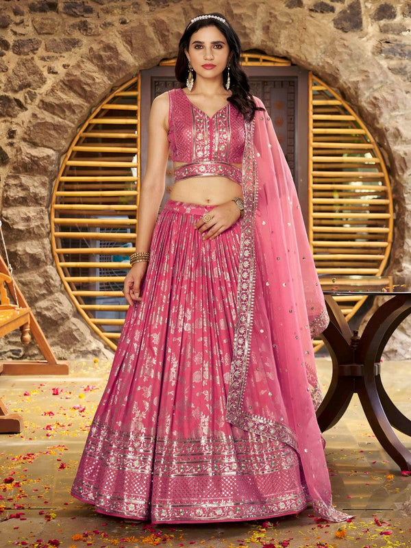 Lovely Peach Color Silk Fabric Party Wear Lehenga