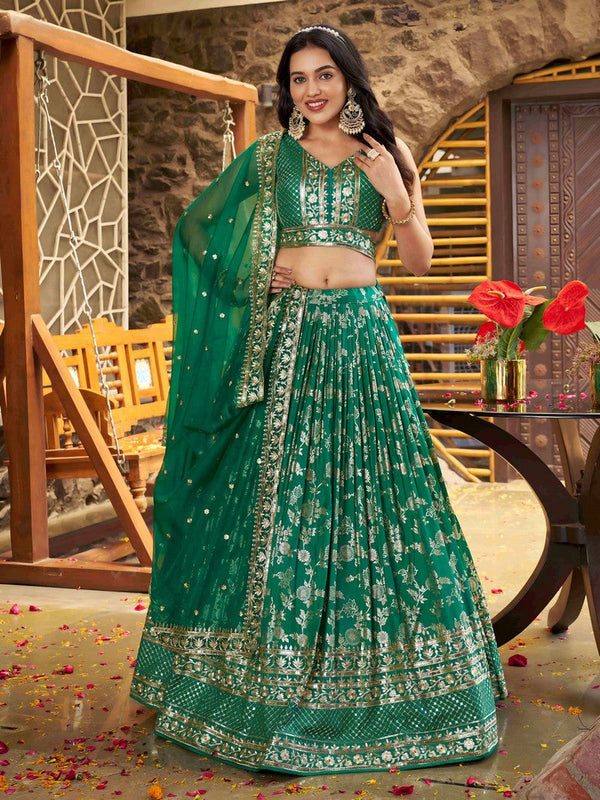 Lovely Green Color Silk Fabric Party Wear Lehenga