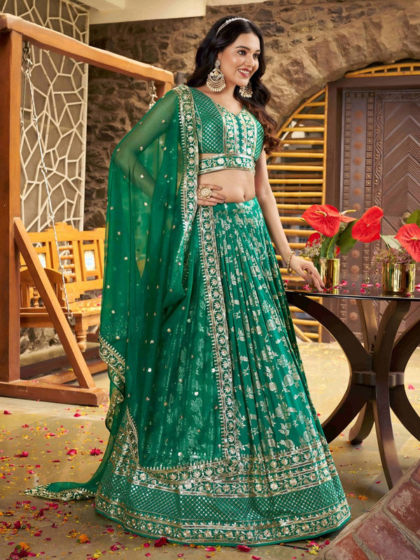 Lovely Green Color Silk Fabric Party Wear Lehenga