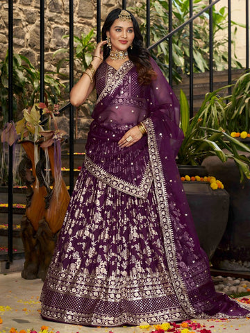 Lovely Voilet Color Silk Fabric Party Wear Lehenga