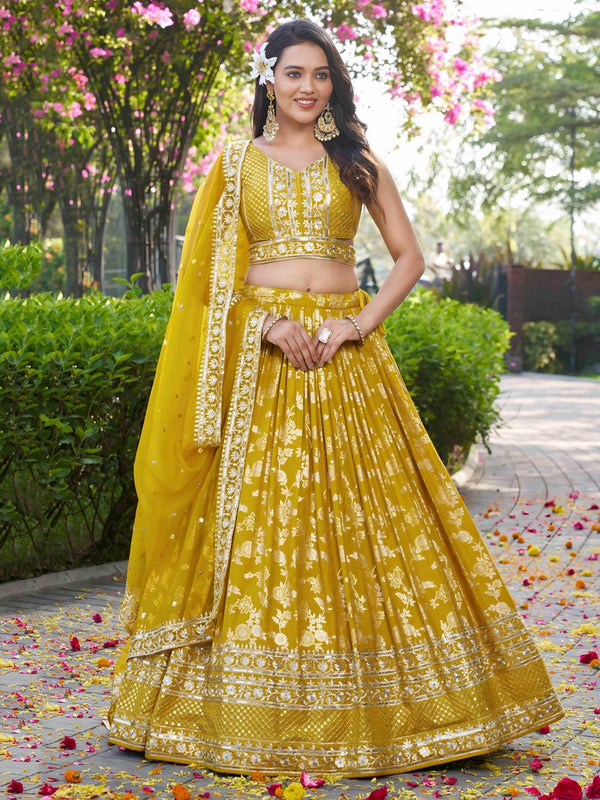Lovely Yellow Color Silk Fabric Party Wear Lehenga
