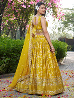 Lovely Yellow Color Silk Fabric Party Wear Lehenga