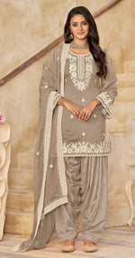 Tasteful Grey Color Chanderi Fabric Patiala Suit