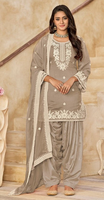 Tasteful Grey Color Chanderi Fabric Patiala Suit