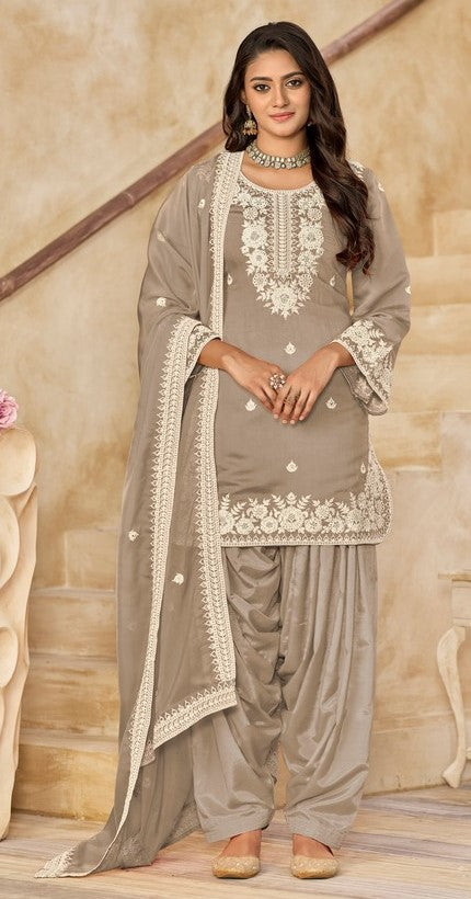 Tasteful Grey Color Chanderi Fabric Patiala Suit
