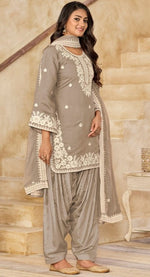 Tasteful Grey Color Chanderi Fabric Patiala Suit