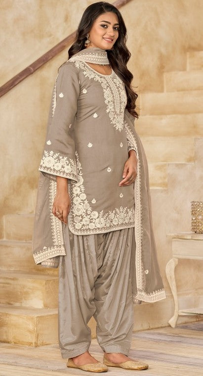 Tasteful Grey Color Chanderi Fabric Patiala Suit