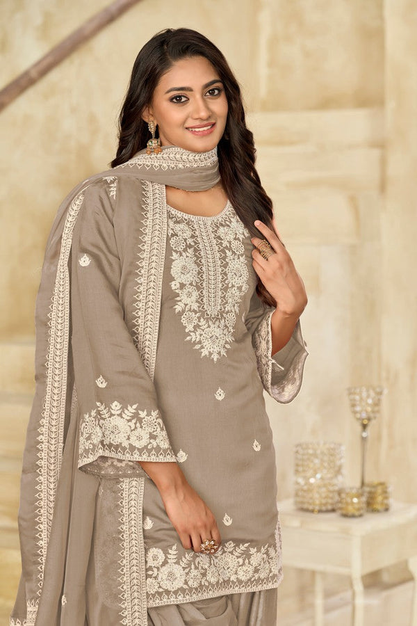 Tasteful Grey Color Chanderi Fabric Patiala Suit