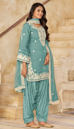 Tasteful Aqua Color Chanderi Fabric Patiala Suit