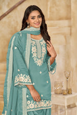 Tasteful Aqua Color Chanderi Fabric Patiala Suit