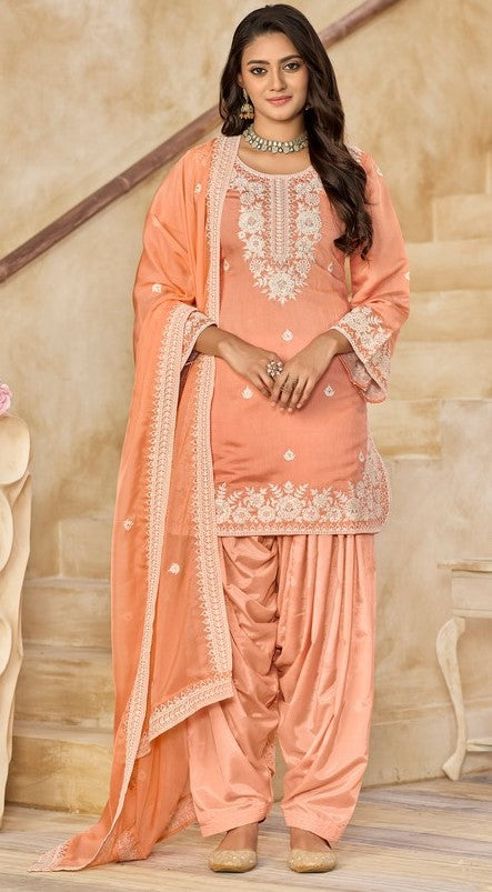 Tasteful Peach Color Chanderi Fabric Patiala Suit