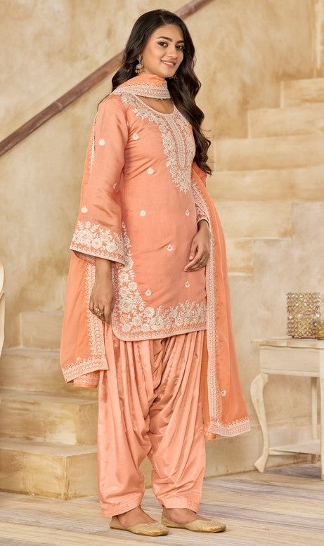 Tasteful Peach Color Chanderi Fabric Patiala Suit