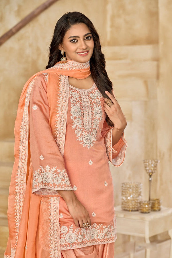 Tasteful Peach Color Chanderi Fabric Patiala Suit