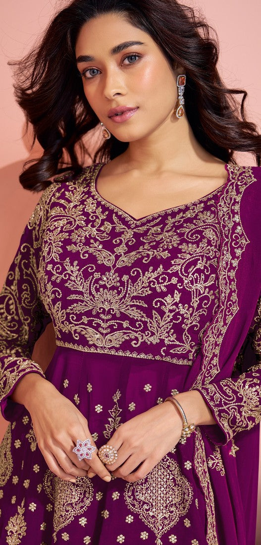 Tasteful Purple Color Georgette Fabric Partywear Suit