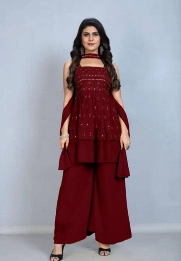 Tasteful Maroon Color Georgette Fabric Plazzo Suit