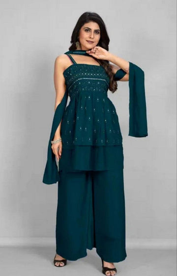 Tasteful Teal Color Georgette Fabric Plazzo Suit