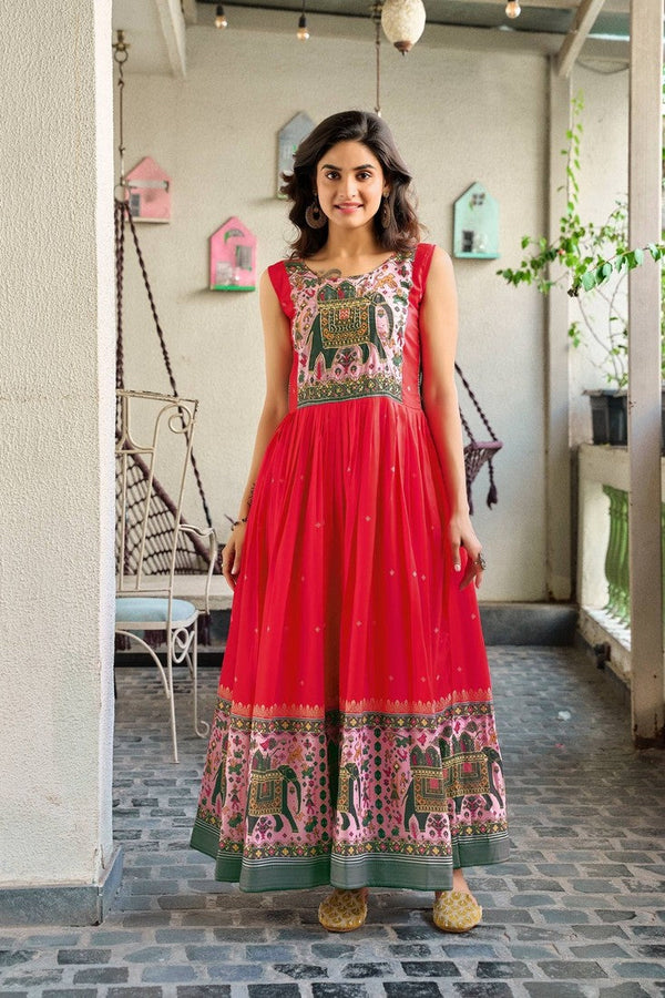 Dazzling Red Color Muslin Fabric Gown