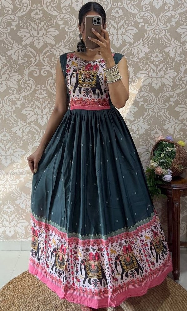 Dazzling Green Color Muslin Fabric Gown