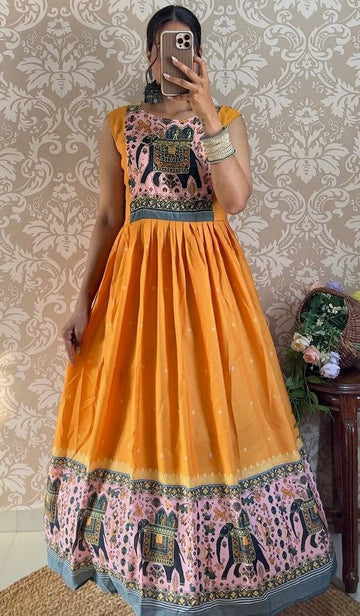 Dazzling Yellow Color Muslin Fabric Gown