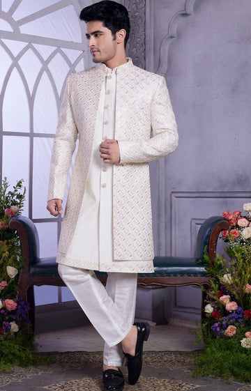 Elegant Cream Color Art Silk Fabric Mens Indowestern