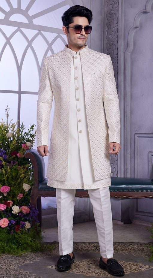 Elegant Cream Color Art Silk Fabric Mens Indowestern