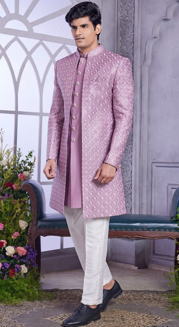 Elegant Purple Color Art Silk Fabric Mens Indowestern