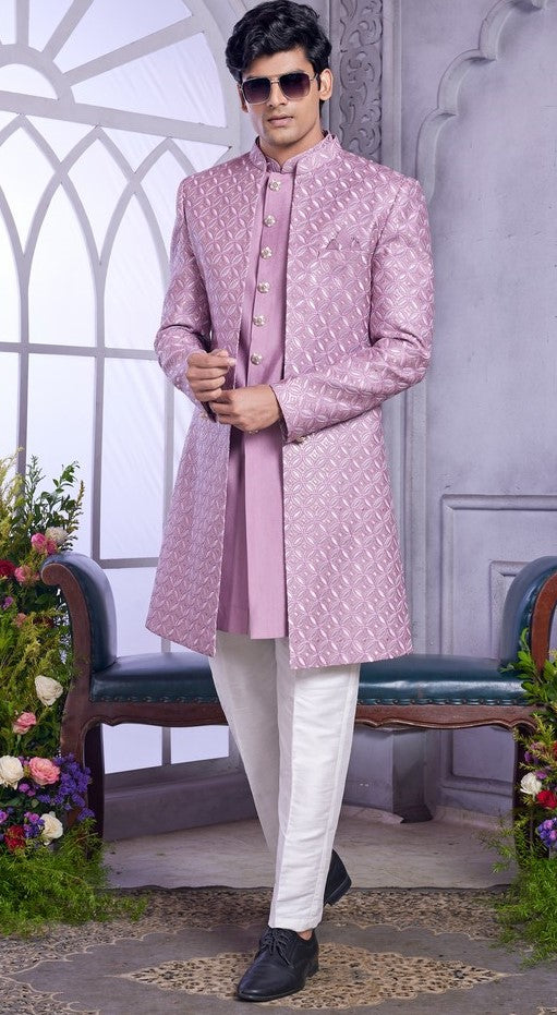 Elegant Purple Color Art Silk Fabric Mens Indowestern