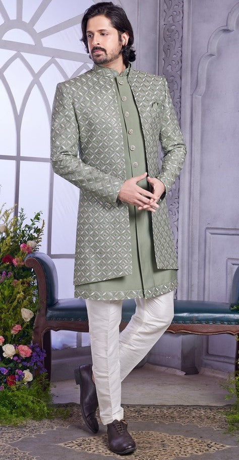 Elegant Green Color Art Silk Fabric Mens Indowestern
