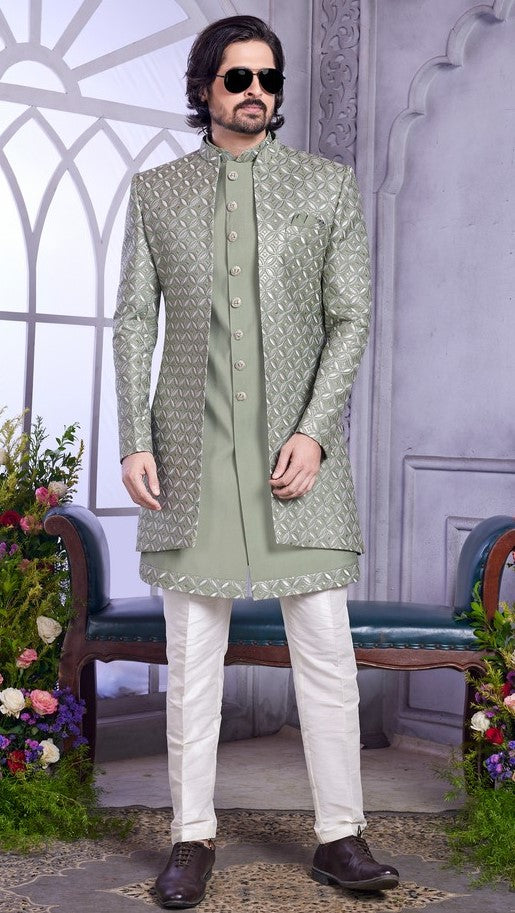 Elegant Green Color Art Silk Fabric Mens Indowestern