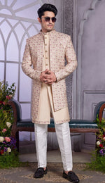 Elegant Beige Color Art Silk Fabric Mens Indowestern