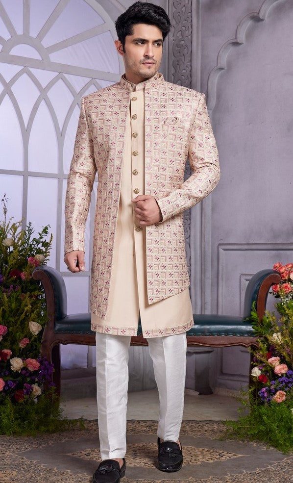 Elegant Beige Color Art Silk Fabric Mens Indowestern