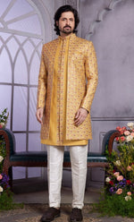Elegant Mustard Color Art Silk Fabric Mens Indowestern