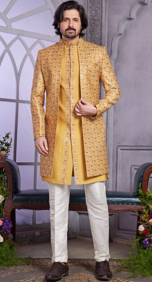 Elegant Mustard Color Art Silk Fabric Mens Indowestern