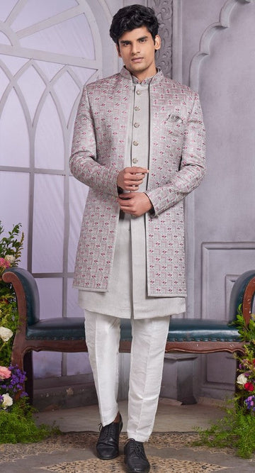Elegant Grey Color Art Silk Fabric Mens Indowestern