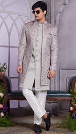 Elegant Grey Color Art Silk Fabric Mens Indowestern